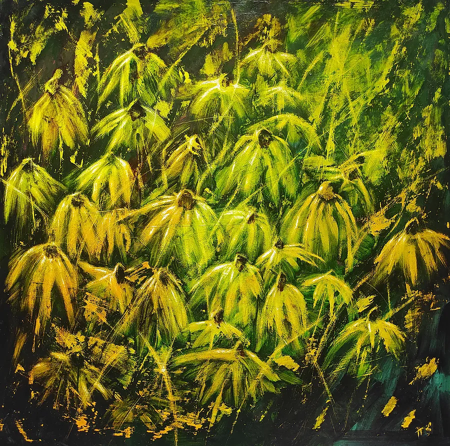 Image of Hide among the flowers by Halyna Ilkiv, size: 60*60 см, made of MDF tablet, acrylic, varnish, Graphics medium, from Morshyn, part of the since childhood series