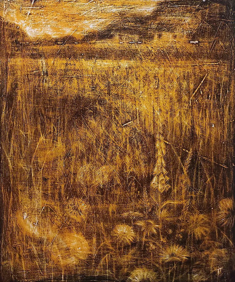 Image of Behind the village by Halyna Ilkiv, size: 60*50 см, made of MDF board, acrylic, varnish, Graphics medium, from Morshyn, part of the since childhood series